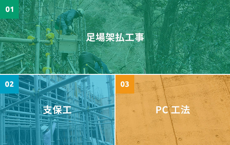 事業内容_足場架払工事_PC工法_支保工等